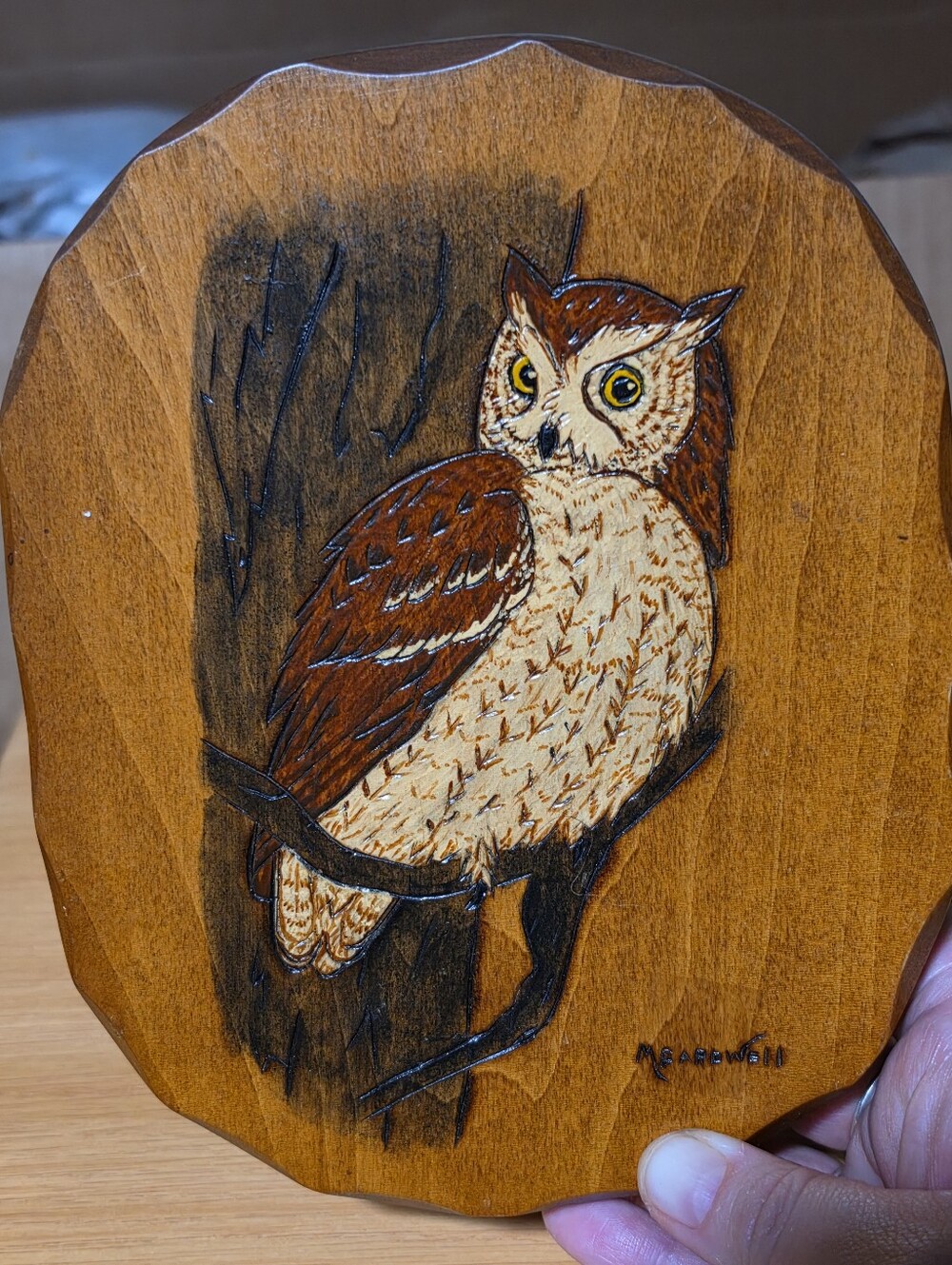 8" Long Vintage Handmade Owl Wooden Plaque Wall Decor